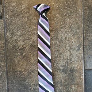 Youth Boy Clip On Tie, Gray, Black, Purple, White Stripe